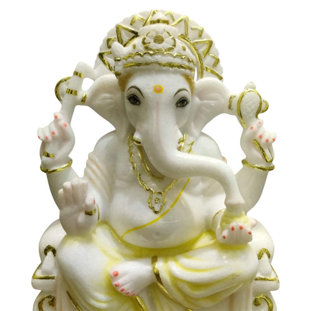 Radiant White Marble Ganesha with Golden Crown