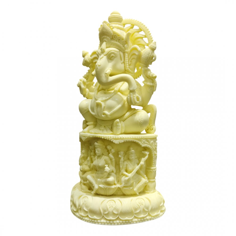 Intricate White Ganesha Statue with Divine Scenes