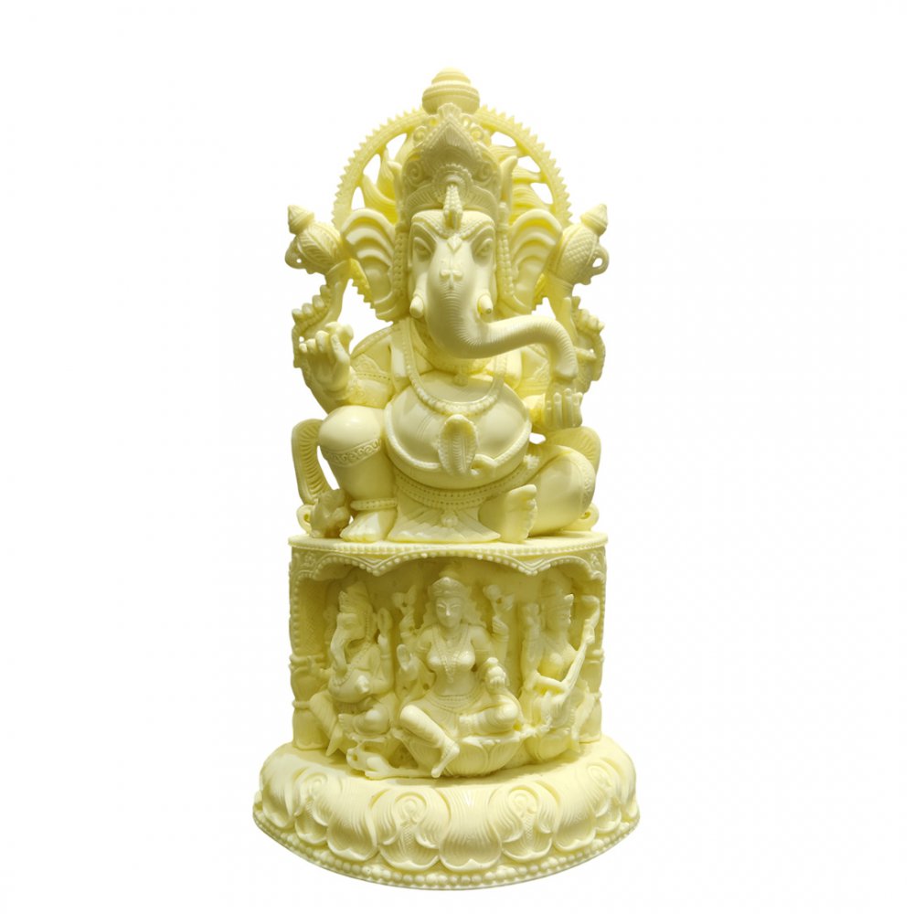 Intricate White Ganesha Statue with Divine Scenes
