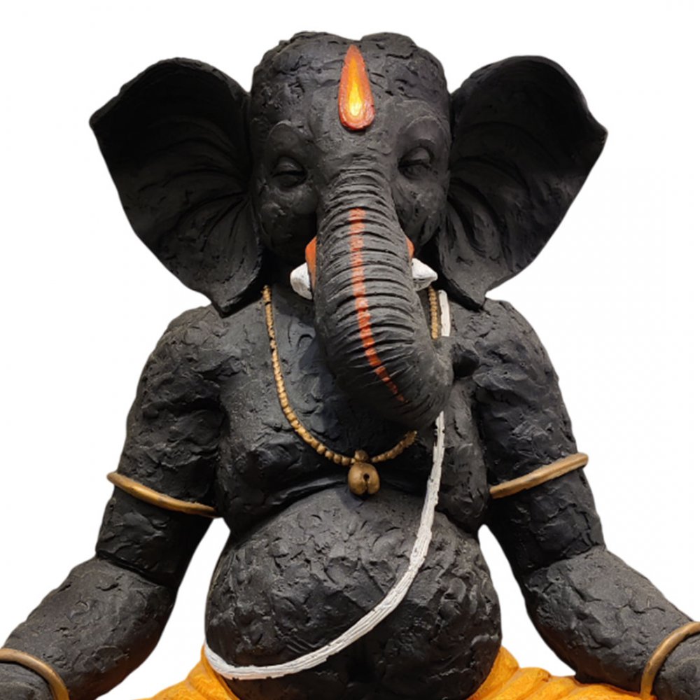 Meditative Clay Ganesha Statue with Orange Dhoti